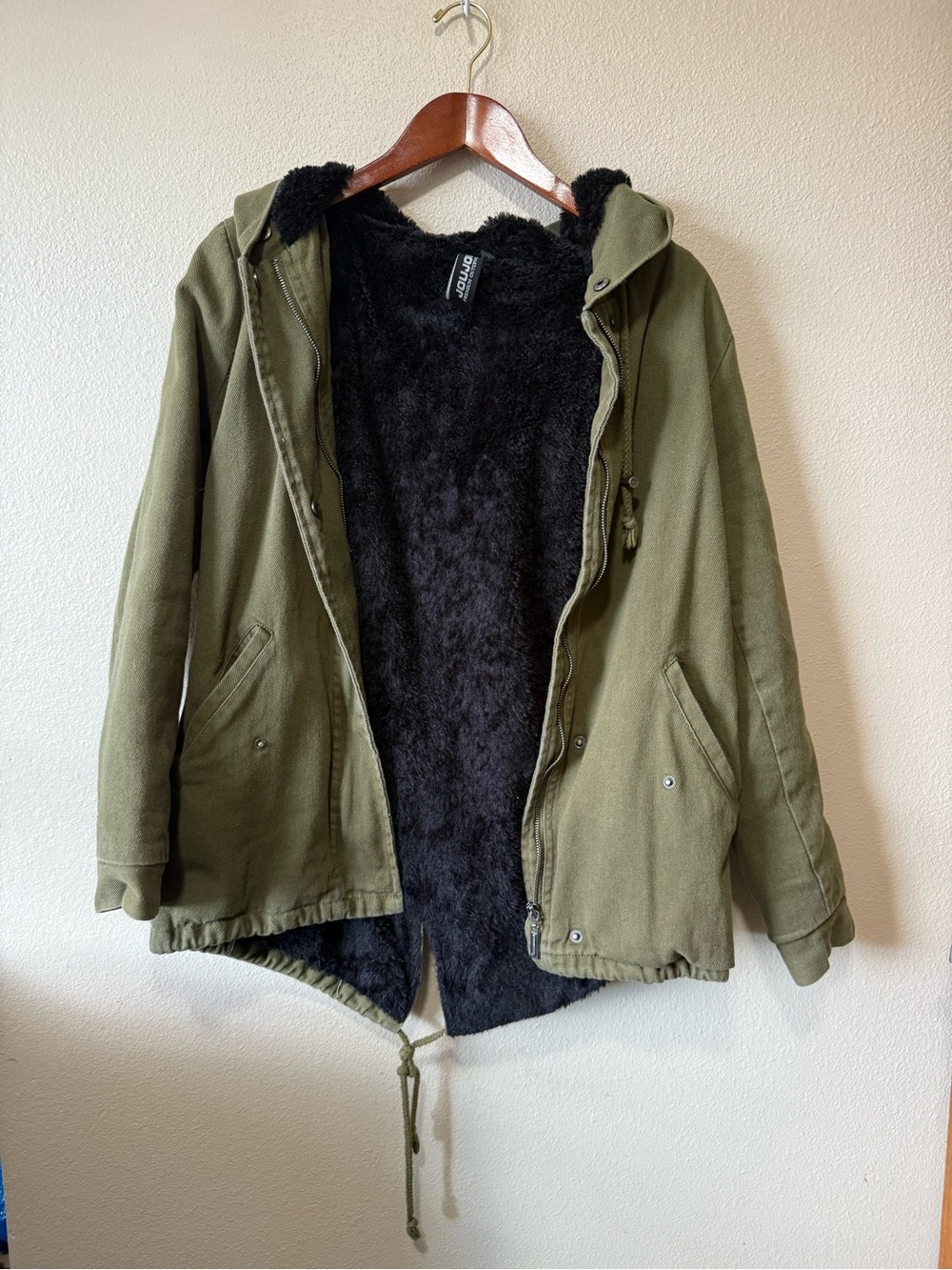 Jou Jou Olive Green Hooded Utility Jacket with Black Faux-Fur Lining